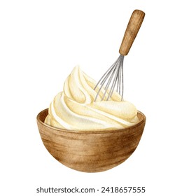 Preparation of cream for desserts. Sweet cream. Whipped cream, whisk. Isolated Watercolor illustration of Baking ingredients. Clipart for recipe book, food blog, design of label,packaging of good - Powered by Shutterstock