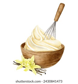 Preparation of cream for desserts. Sweet cream. Whipped cream, vanilla, whisk. Isolated Watercolor illustration of Baking ingredients. Clipart for recipe book, food blog, design of label,packaging - Powered by Shutterstock