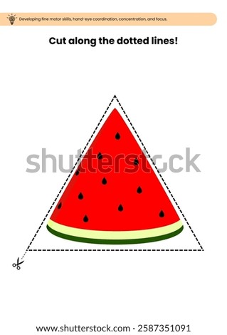 A preschool cutting practice worksheet featuring a triangular watermelon slice with a dotted outline to enhance fine motor skills.