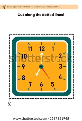 A preschool cutting practice worksheet featuring a square-shaped wall clock with a dotted outline to develop fine motor skills.