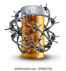 Prescription Drug Security And Medication Safety Concept As A 3D Bottle Of Pills Wrapped With Barbed Or Barb Wire As A Medical Metaphor For Pharmacy Drugs Risk And Dosage Danger.