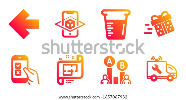 Present delivery, Mobile\
survey and Augmented reality line icons set. Cooking beaker, Left\
arrow and Ab testing signs. Architectural plan, Car service\
symbols.