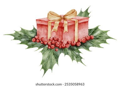 Present with golden ribbon surrounded holly berries and green leaves. Watercolor illustration of red gift box and Christmas plants for holiday greeting cards or new year party invitations. - Powered by Shutterstock