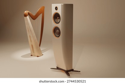 I present to you a series of 3D visuals that I designed and created entirely myself, showcasing elegant design and meticulous attention to detail.

This scene combines a modern speaker with a clean design and a wooden harp with organic curves. I sought to create a harmonious contrast between technology and tradition, between contemporary lines and classic craftsmanship. The materials were carefully worked to achieve a realistic rendering: textured wood, satin finishes, and subtle plays of light and shadow.
My goal was to offer an image that is both aesthetically pleasing and versatile, ideal for projects related to music, high-end audio, interior design, or visual communication. Each element was modeled and rendered with particular attention to proportions, materials, and lighting to achieve a professional result ready for commercial use.
Through my 3D creations, I highlight my ability to transform an idea into a compelling, realistic visual tailored to market needs.