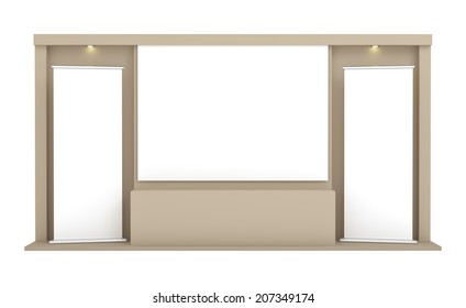 Presentation in auditorium, empty roll-up banners against the brown wall