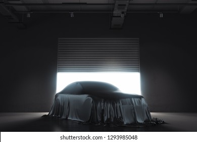 Presentation of the car covered with black cloth. 3d rendering