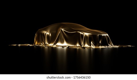 
Presentation Of A Car Under Shiny Gold Cloth. Vehicle Covered By Smooth Fabric Sheet. Isolated On A Black Background With Studio Lighting. Realistic 3d Illustration.