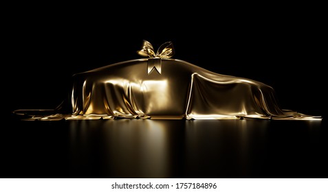 Presentation Of A Car Under Shiny Gold Cloth. Vehicle Covered By Smooth Fabric Sheet. Isolated On A Black Background With Studio Lighting. Realistic 3d Illustration.