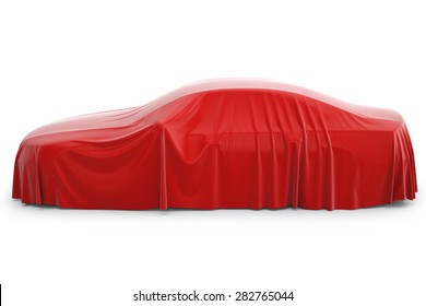 Presentation Of The New Car. Car Covered With A Red Cloth.