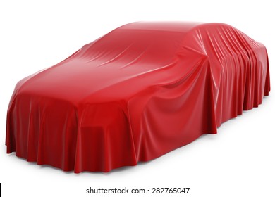 Presentation Of The New Car. Car Covered With A Red Cloth.