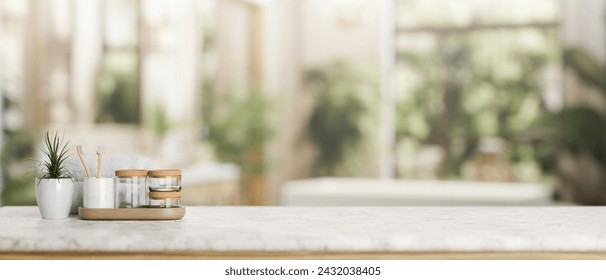 A presentation space for display product on a white marble tabletop in a modern, luxurious bathroom. 3d render, 3d illustration