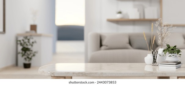 A presentation space for displaying products on the marble coffee table in a contemporary grey living room. 3d render, 3d illustration - Powered by Shutterstock