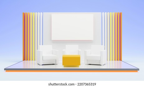 Presentation Stage Talk Show Backdrop With Table Sofa On Pastel Background, 3D Rendering