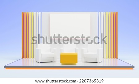 Presentation stage talk show backdrop with table sofa on pastel background, 3D rendering