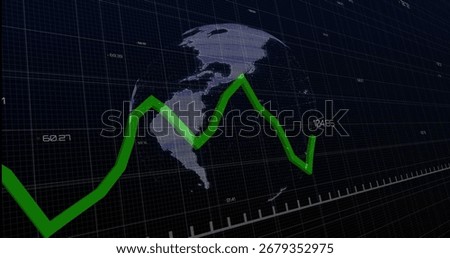 Presenting green zigzag line graph with numeric labels on semi-transparent globe over grid overlay. Technology, analytics, data, digital, innovation, finance, visualization