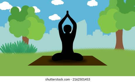 Presenting Morning Yoga In Park With Dark Yoga Position Icon. Yoga For Good Lifestyle.