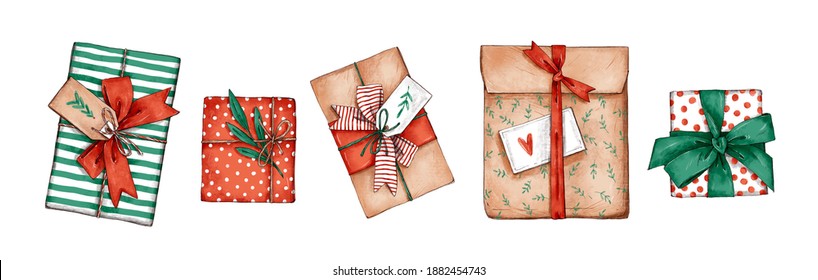 Presents  Vintage packaging  Beautiful gift boxes and bows   tags  Watercolor botanical hand drawn illustration  Kraft paper packaging 