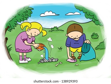 Drawing Two Children Planting Tree Stock Vector (Royalty Free ...