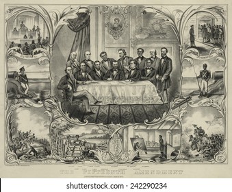 President Grant With Group Of Men Signing The 15th Amendment Banning Voting Racial Discrimination. Vignettes Show African Americans In Military Service, At School, On The Farm, And Voting. 1871.