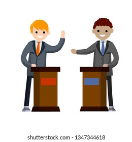 Presidential Debate. Dialogue Between Two Men Behind Podium. Speech Of Lecturer At Lectures. Political Election And Voting. Controversy Guys In Suits. Red Vs Blue. Rights Protection. Flat Cartoon