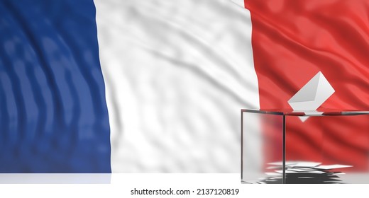 Presidential Election 2022, France. White Envelope In Transparent Ballot Box Slot, French Flag Background, Copy Space. 3d Render