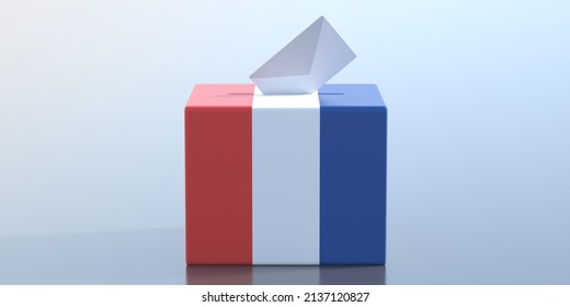 Presidential Election 2022, France. White envelope in French flag ballot box slot, blue background. 3d render