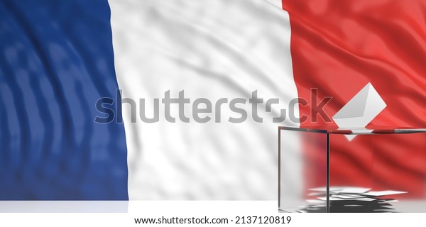 Presidential Election 2022, France. White envelope\
in transparent ballot box slot, French flag background, copy space.\
3d render
