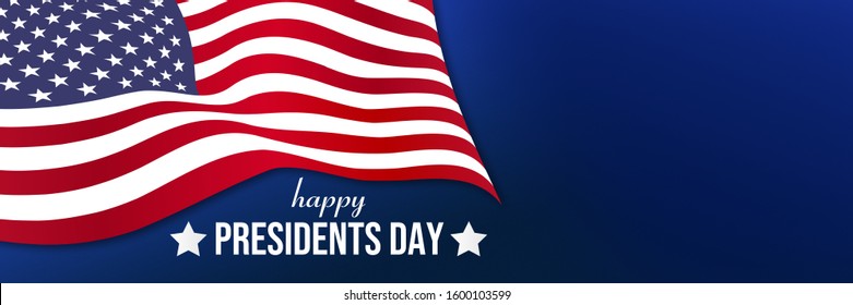 President's day celebration. 3D render of wavy American Flag and President Day text. Plus copy space on dark blue background.