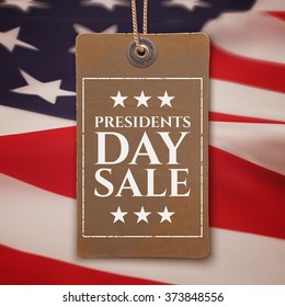 Presidents Day Sale Background. Vintage, Realistic Price Tag On Top Of American Flag.