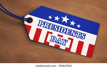 Presidents Day USA Federal Holiday Sale Concept With American Flag Colors And Sign On A Paper Label Tag 3D Illustration.