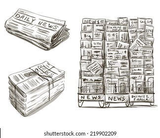 Press. Newspaper Stand. Newsstand. Hand Drawn.