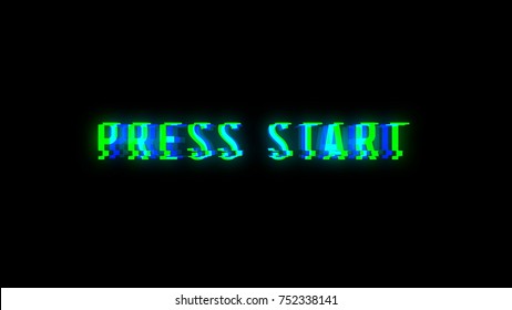 Press start text with bad signal. Glitch effect. 3d rendering