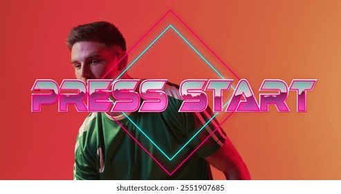 Press Start text image over man gesturing on orange background. Gaming, digital, gesture, colorful, technology, entertainment