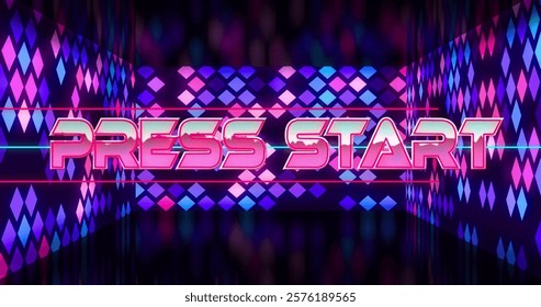 Press start text image over colorful geometric shapes and dark background. gaming, retro, pixel, neon, vibrant, arcade