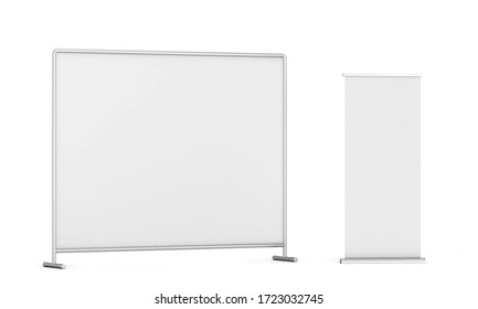 Press Wall With Roll-up Banner Mockup. 3d Illustration Isolated On White Background 