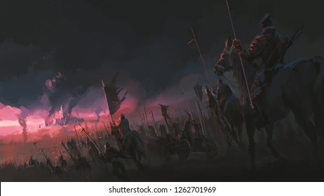 The pressure of the army, ancient war scenes, digital painting.