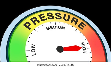 "Pressure High" represented by a barometer level, symbolizing intense stress, urgency, or force, indicating a critical or demanding situation