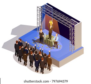 Prestigious Business Award Winner Prize Giving Ceremony Podium Isometric View With Golden Trophy And Champagne  Illustration 