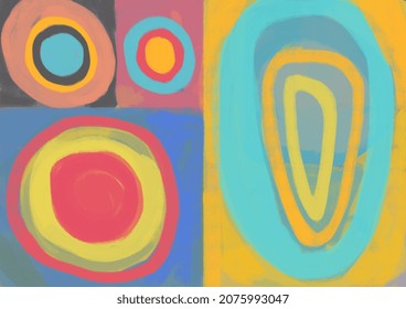 Pretty Abstract Art With Round Shapes And Square And Primary Color Inspired By Kandinsky And Malevich Art, Illustration, Realism And Abstraction. Aesthetic Painting With Distinctive Color.