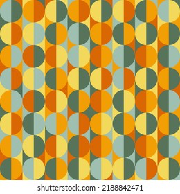 Pretty Abstract Seamless Retro Geometrical Pattern With Half Circles. Color Palette Blue Orange, Red, Yellow, Green. Half Circles Checkerboard Vintage Backdrop, Modern Vibrant And Colorful Repeat