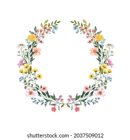 Pretty and colorful floral wreath. Watercolor hand painted wildflowers, plants, herbs. Whimsical design. Wedding invitation template. Botanical frame.