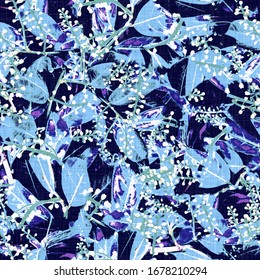 Pretty dark floral daisy texture background. Variegated bold realistic flower seamless pattern. Indigo blue large scale bloom all over print. Elegant trendy moody modern fashion fabric swatch.