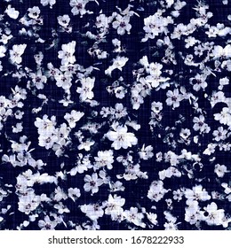 Pretty dark floral daisy texture background. Variegated bold realistic flower seamless pattern. Indigo blue large scale bloom all over print. Elegant trendy moody modern fashion fabric swatch.