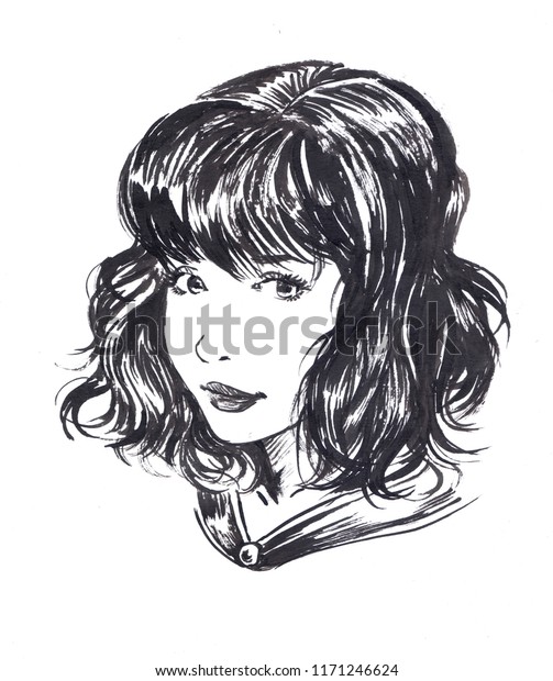 Pretty Girl Face Curly Hair Short Stock Illustration 1171246624