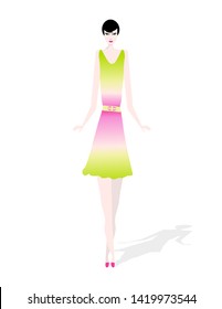 A pretty girl poses in a stylish colorful dress in a minimalist fashion and beauty illustration. - Shutterstock ID 1419973544