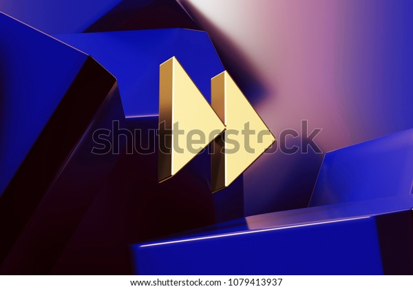 Pretty Golden Arrow\
Forward Icon With the Blue Glossy Boxes. 3D Illustration of Fine\
Golden Arrow, Forward, Next, Play, Right Icon Set on the Blue\
Geometric\
Background.