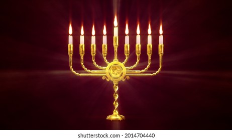 Pretty Golden Hanukkah Menora Flaming . Cg Object 3D Illustration