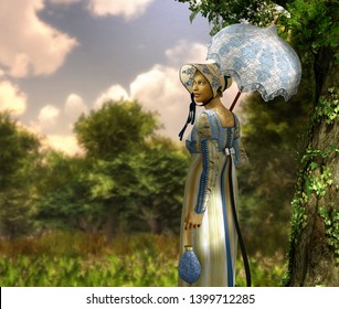 Pretty Jane Austen style young woman goes for a walk in a park, Regency dress, 3d render painting