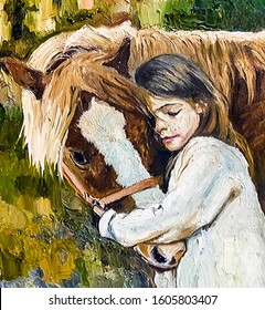 Pretty little girl hugs her friend horse in the bright summer day. Oil painting on canvas