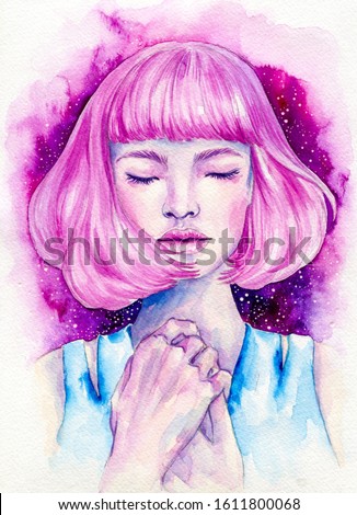 Pretty pink haired girl hand drawn watercolor illustration. Dreaminess portraiture, attractive lady on white background. Beautiful young stylish woman with closed eyes aquarelle painting